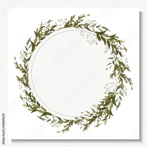Greenery wreath in watercolor style, vintage geometric frame with leaves, foliage and botanical wedding elements.