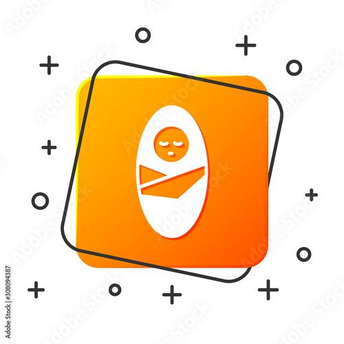 White Newborn baby infant swaddled or swaddling icon isolated on white background. Baby kid child wrapped in blanket clothes. Orange square button. Vector Illustration