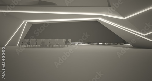 Abstract architectural white interior of a minimalist house with swimming pool and neon lighting. 3D illustration and renderin