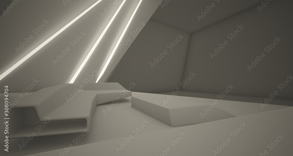 Obraz premium Abstract architectural white interior of a minimalist house with swimming pool and neon lighting. 3D illustration and renderin