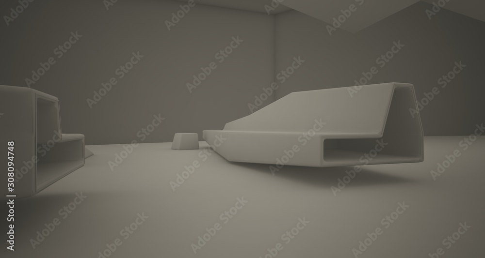 Abstract architectural white interior of a minimalist house with swimming pool and neon lighting. 3D illustration and renderin Abstract architectural white interior of a minimalist house with swimming pool and neon lighting. 3D illustration and renderin