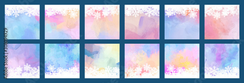 Christmas and New Year colorful watercolor background template bundle set with snowflakes