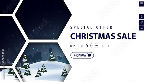 Special offer, Christmas sale, up to 50%, white discount banner with winter night landscape and abstract honeycomb shapes
