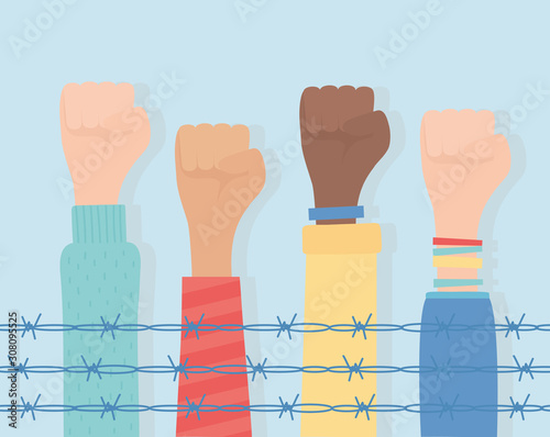 human rights, raised hands diversity behind barbed wire