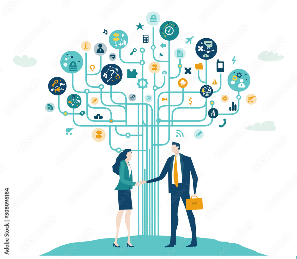 Two business people agreed the deal staying by the business tree made of many icons. High tech electronic, microchips, icons and communication symbols at the background. Business concept illustration. Two business people agreed the deal staying by the business tree made of many icons. High tech electronic, microchips, icons and communication symbols at the background. Business concept illustration.