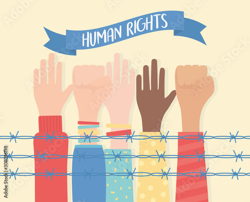 human rights, raised and fist hands diversity behind barbed wire