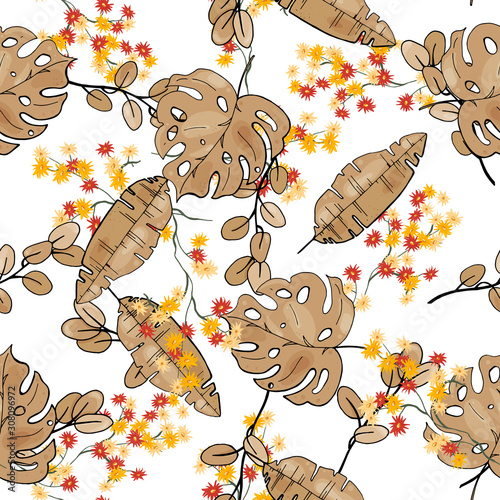Realistic seamless floral freehand painting of yellow, orange daisies. Tropical caribbean or hawaii wildflower drawing design. Chamomiles and jungle leaf hand drawn elements. Palm tree vector pattern.