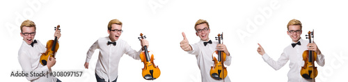 Young funny violin player isolated on white