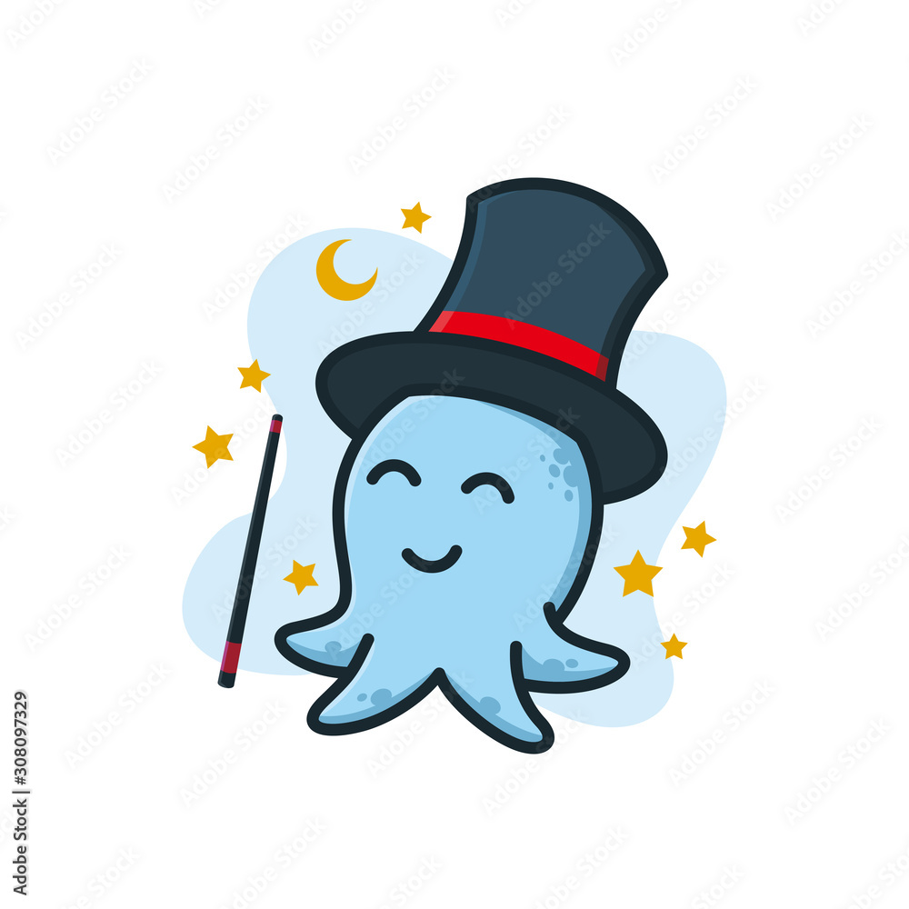 wizard blue baby octopus mascot character logo design illustration. magician octopus logo wearing magician hat and using wand wizard blue baby octopus mascot character logo design illustration. magician octopus logo wearing magician hat and using wand