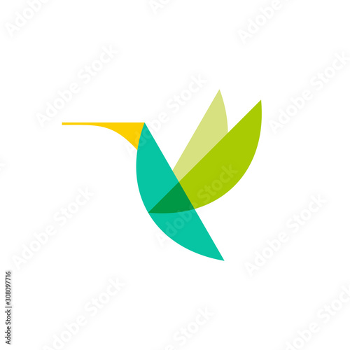 geometric flying bird logo design vector template illustration. green hummingbird/colibri symbol icon vector