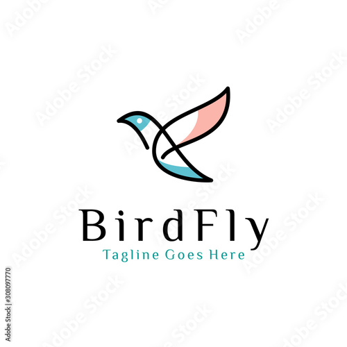 flying bird logo design template with linear concept style. vector illustration of bird in monoline style