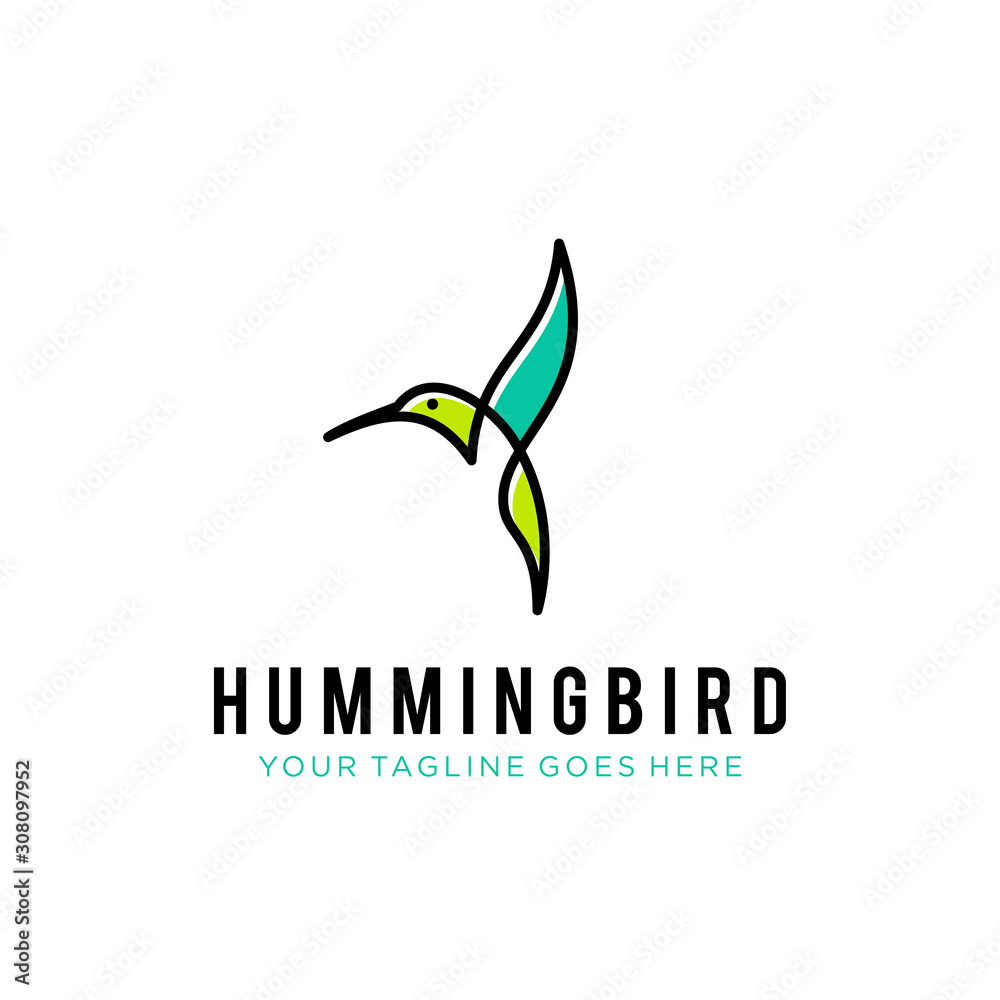 flying bird logo design template with linear concept style. vector illustration of hummingbird/colibri in outline, monoline style