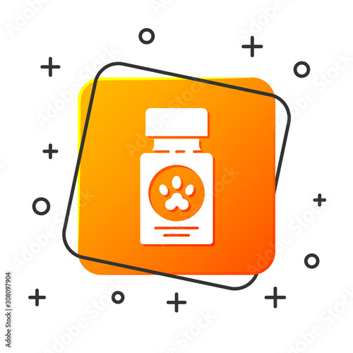 White Dog medicine bottle and pills icon isolated on white background. Container with pills. Prescription medicine for animal. Orange square button. Vector Illustration