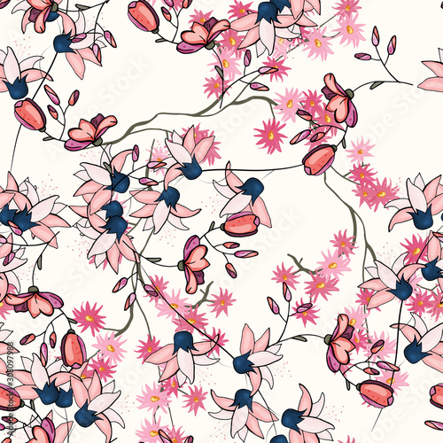 Vintage  floral textile print and small outline ditsy elements, isolated vector illustration. Pink retro wild hand drawn seamless pattern or wallpaper with spring or summer japanese blossom flowers.