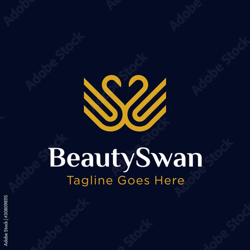 simple luxury golden Swan, two Swans logo with line art concept design illustration. can be used for beauty industry, cosmetics, salon, boutique, hotel logo, jewelry icon