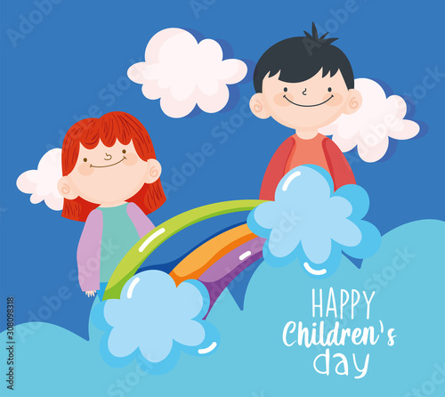 happy children day, cute little boys rainbow clouds sky