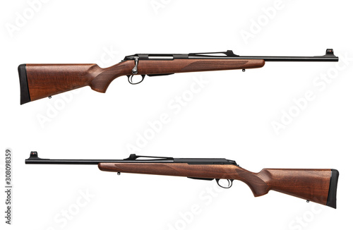 Modern bolt carbine isolated on white background. Weapons with a wooden butt for hunting, sports and self-defense.