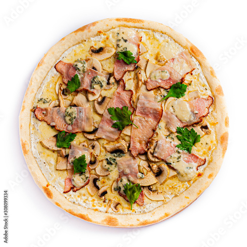 Pizza isolate, medium size, top view. Stock photo of pizza. photo