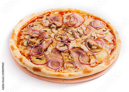 Pizza isolate, medium size, side view. Stock photo of pizza. photo