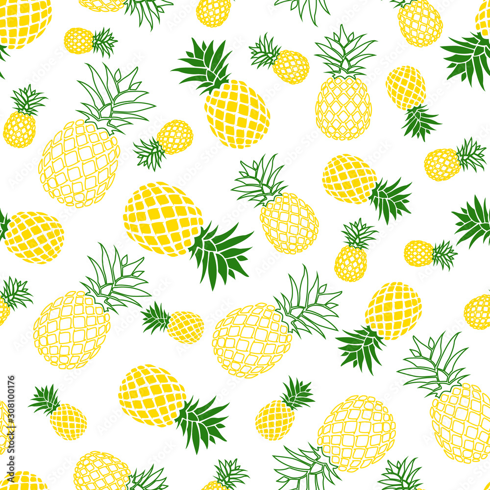 Pineapple mixed seamless pattern yellow and green background