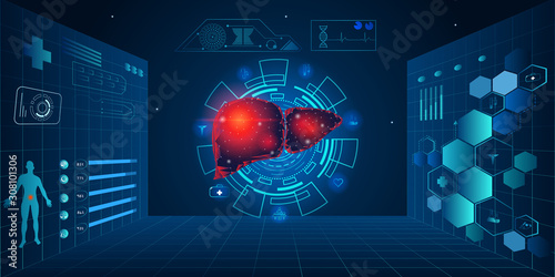 Human liver and treatment science technology concept. Future science technology black and blue abstract background. A concept hospital for wallpaper and web. Vector illustration