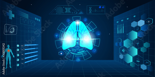 Human lung and treatment science technology concept. Future science technology black and blue abstract background. A concept hospital for wallpaper and web. Vector illustration