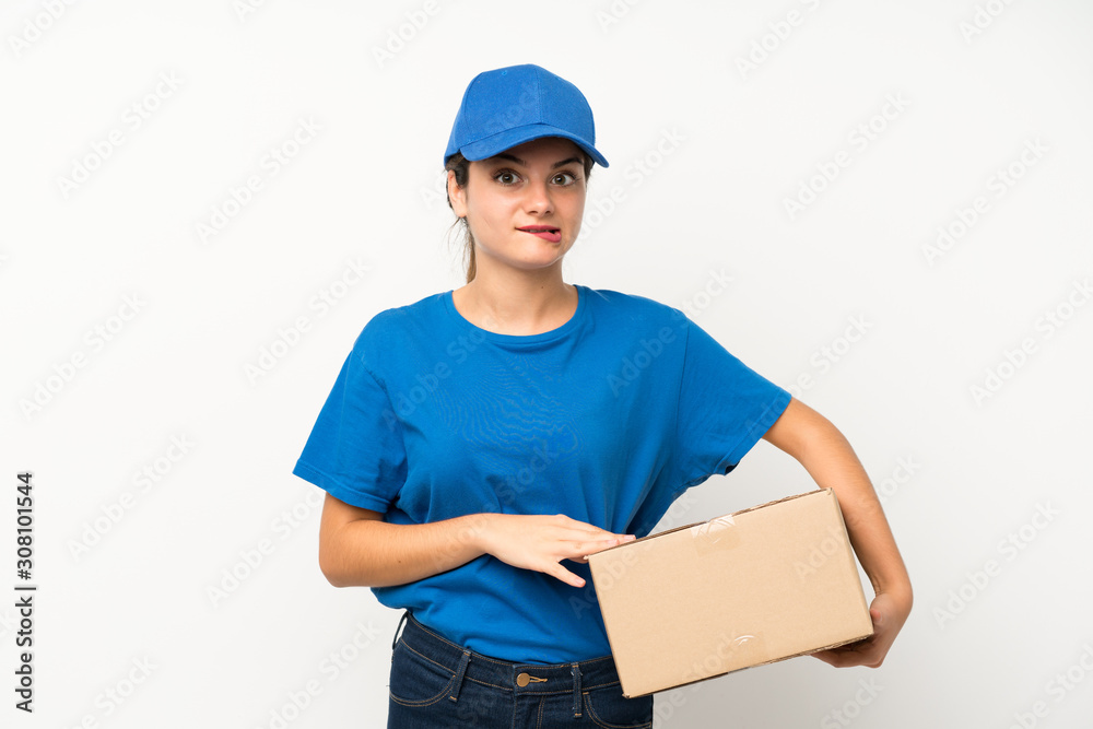 Young delivery girl over isolated white background having doubts and with confuse face expression Young delivery girl over isolated white background having doubts and with confuse face expression
