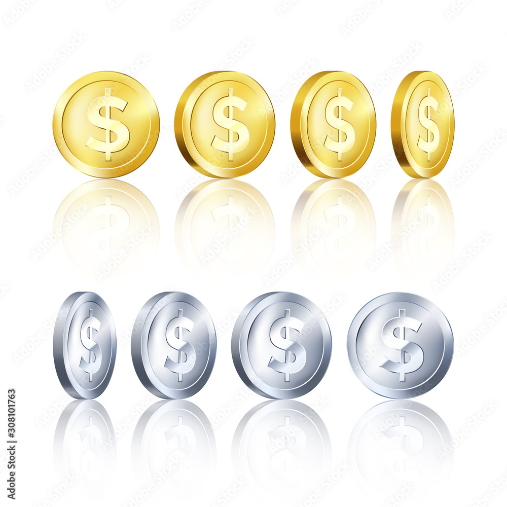 Rotation metallic gold and silver coin template. Golden and Silver dollar icon. Business symbol of money. Vector illustration Rotation metallic gold and silver coin template. Golden and Silver dollar icon. Business symbol of money. Vector illustration