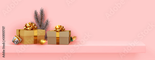 Christmas pink horizontal banner. Shelf and podium display with space for text. Realistic gifts boxes, pine and spruce branch. Xmas background design, presents gift box. vector illustration