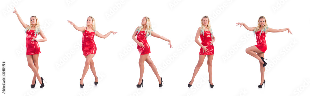 Blondie in red sparkling mini dress isolated on white Blondie in red sparkling mini dress isolated on white