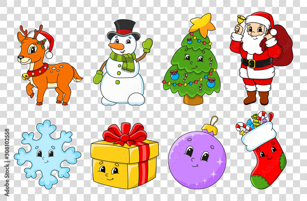 Set of cartoon characters. Fairytale tree, Santa Claus with gifts, cute deer, snowman, sock, snowflake, ball, gift. Happy New Year and Merry Christmas. Hand drawn. Color vector isolated illustration.