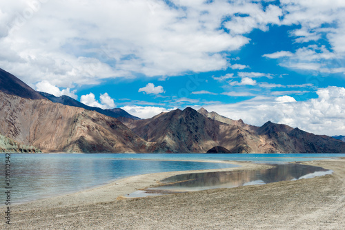 Ladakh, India - Aug 05 2019 - Pangong Lake view from Between Maan and Merak in Ladakh, Jammu and Kashmir, India. The Lake is an endorheic lake in the Himalayas situated at a height of about 4350m.