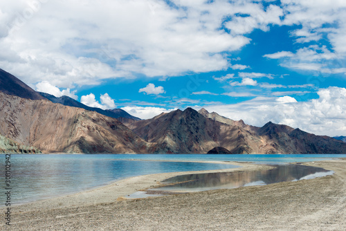 Ladakh, India - Aug 05 2019 - Pangong Lake view from Between Maan and Merak in Ladakh, Jammu and Kashmir, India. The Lake is an endorheic lake in the Himalayas situated at a height of about 4350m. © beibaoke