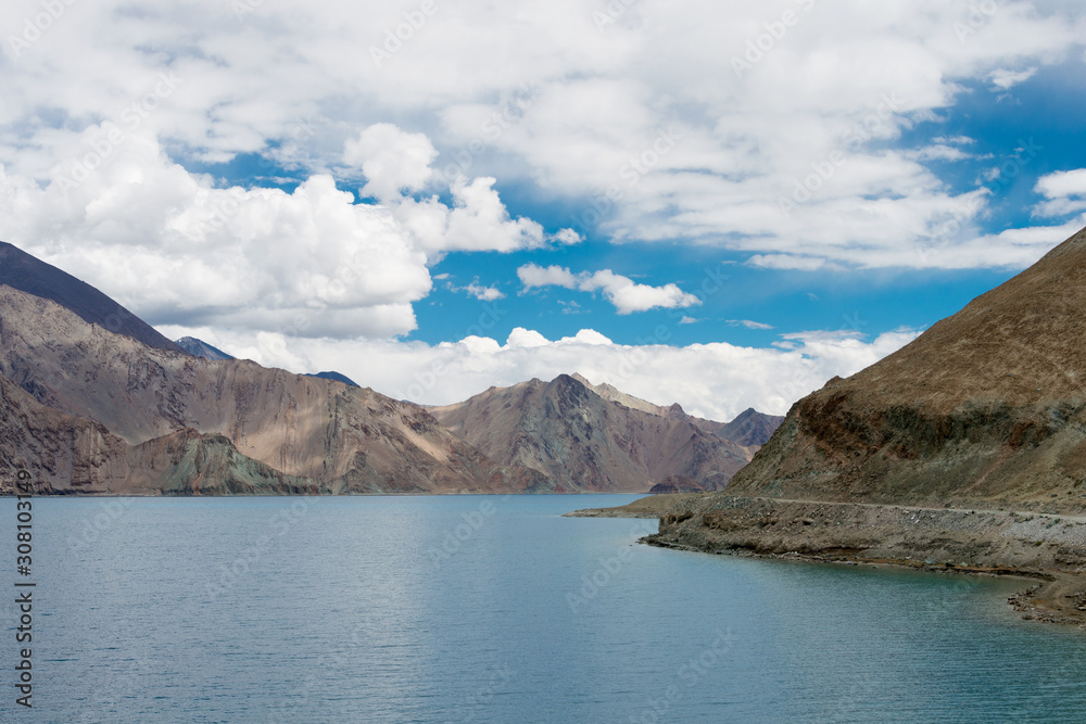 Ladakh, India - Aug 05 2019 - Pangong Lake view from Between Maan and Merak in Ladakh, Jammu and Kashmir, India. The Lake is an endorheic lake in the Himalayas situated at a height of about 4350m.