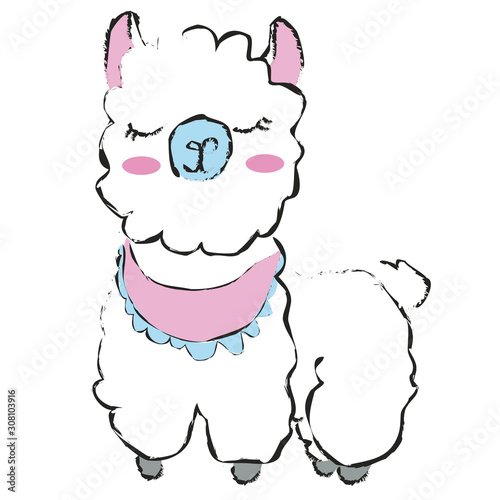 Little baby llama. Children's illustration. Standard image for T shirt. Isolated Image on white background.