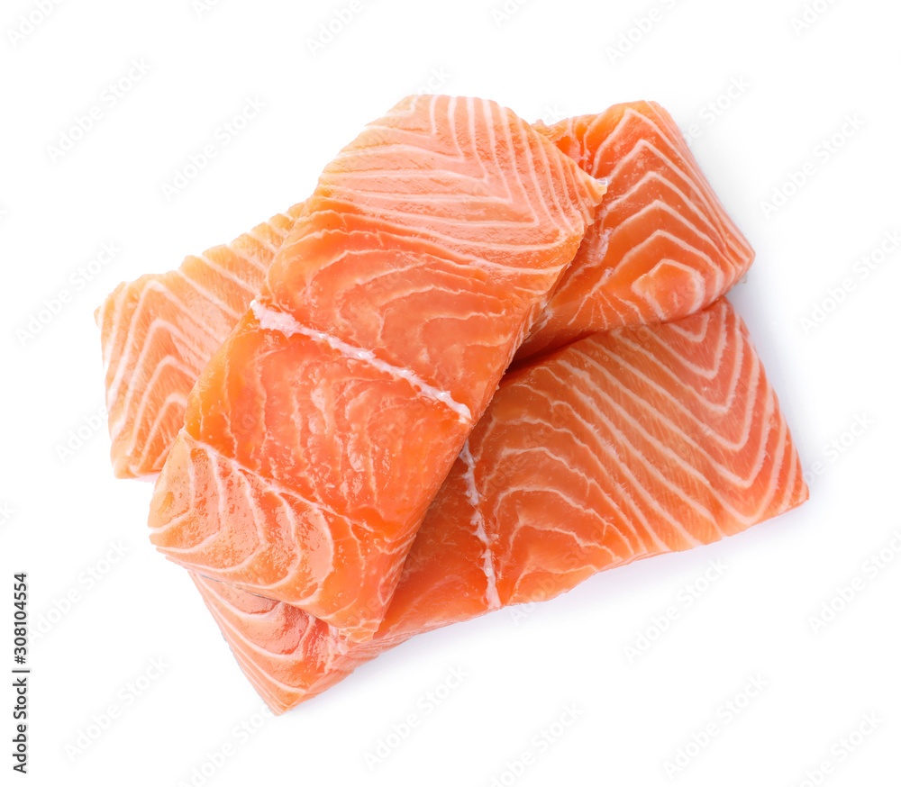Fresh raw salmon on white background, top view. Fish delicacy Fresh raw salmon on white background, top view. Fish delicacy