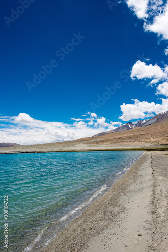 Fototapeta Naklejka Na Ścianę i Meble -  Ladakh, India - Aug 06 2019 - Pangong Lake view from Between Kakstet and Merak in Ladakh, Jammu and Kashmir, India. The Lake is an endorheic lake in the Himalayas situated at a height of about 4350m.