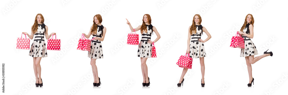 Young woman with shopping bags on white Young woman with shopping bags on white