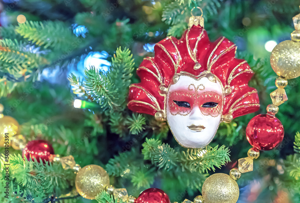 Glass Christmas tree toy - Venetian mask. Christmas decor in vintage style.