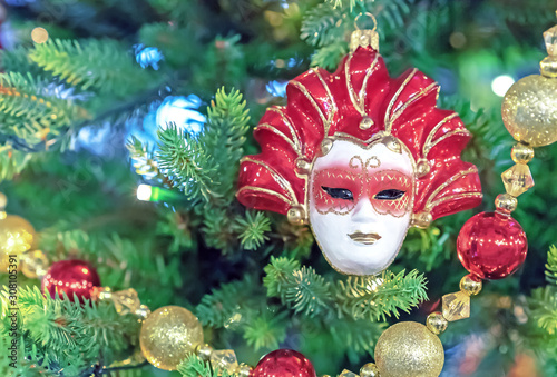 Glass Christmas tree toy - Venetian mask. Christmas decor in vintage style.