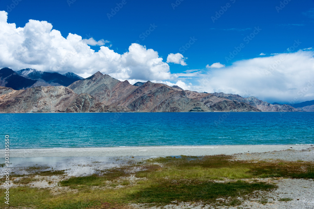 Ladakh, India - Aug 06 2019 - Pangong Lake view from Between Kakstet and Merak in Ladakh, Jammu and Kashmir, India. The Lake is an endorheic lake in the Himalayas situated at a height of about 4350m.
