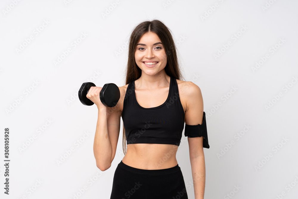 Young sport woman over isolated white background making weightlifting Young sport woman over isolated white background making weightlifting