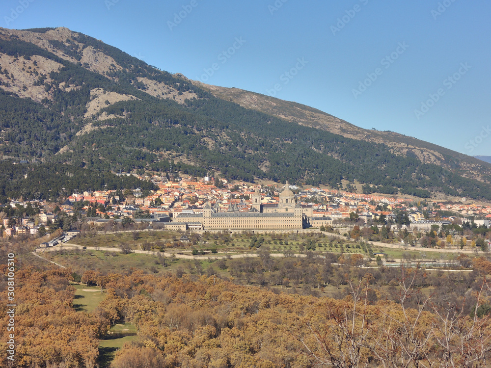 The Monastery of El Escorial and the National Park of the Sierra de Guadarrama seen from the chair of Felipe II. Madrid's community. Spain