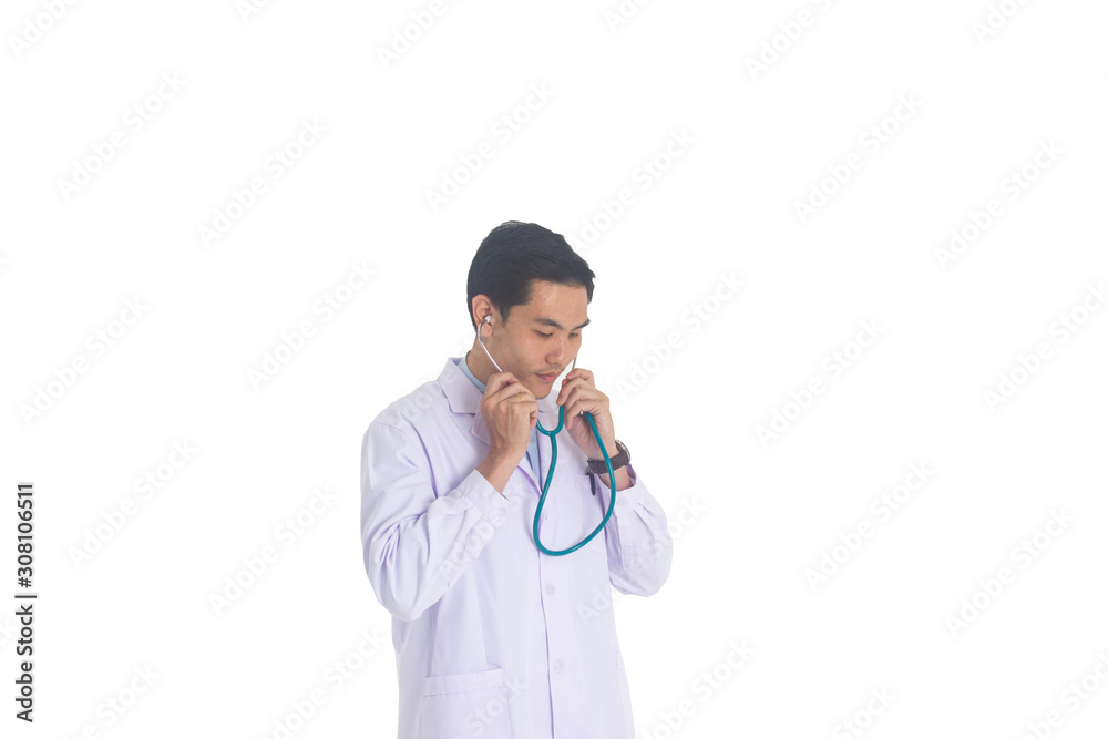 Male doctor with stethoscope in hands isolated on white background Male doctor with stethoscope in hands isolated on white background