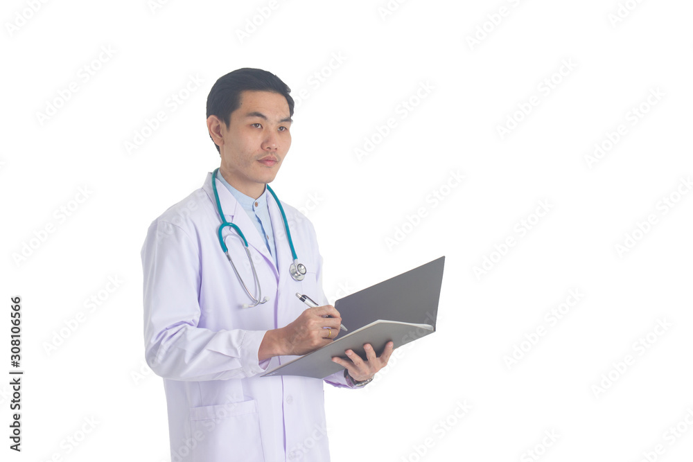 Male doctor holding folder isolated on white background Male doctor holding folder isolated on white background