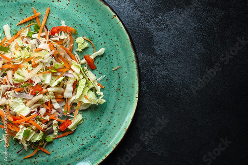 healthy vegetable salad (Chinese cabbage, carrot, onion, lettuce, mix salad, pumpkin) menu concept. food background. top view. copy space photo