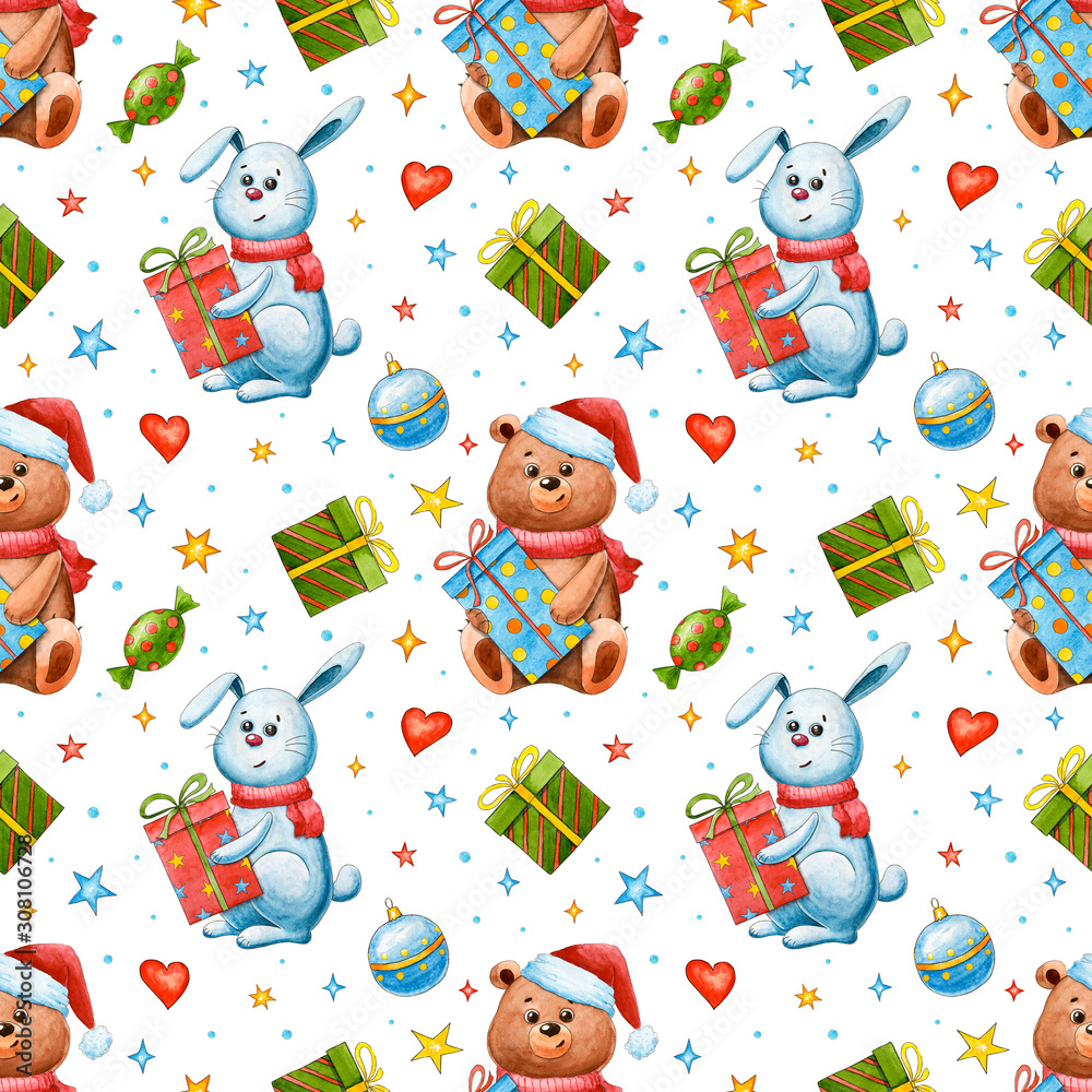 New year's seamless pattern with rabbit, bear, stars, gift, toys. Christmas and new year. Watercolor cartoon animals. Hand drawn background. Christmas gift. Greeting card New year's seamless pattern with rabbit, bear, stars, gift, toys. Christmas and new year. Watercolor cartoon animals. Hand drawn background. Christmas gift. Greeting card