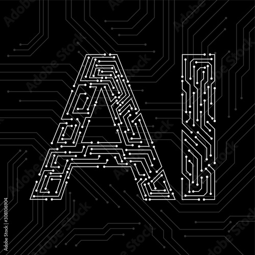 Artificial Intelligence with circuit board isolated on black background. Abstract technology concept. Vector illustration