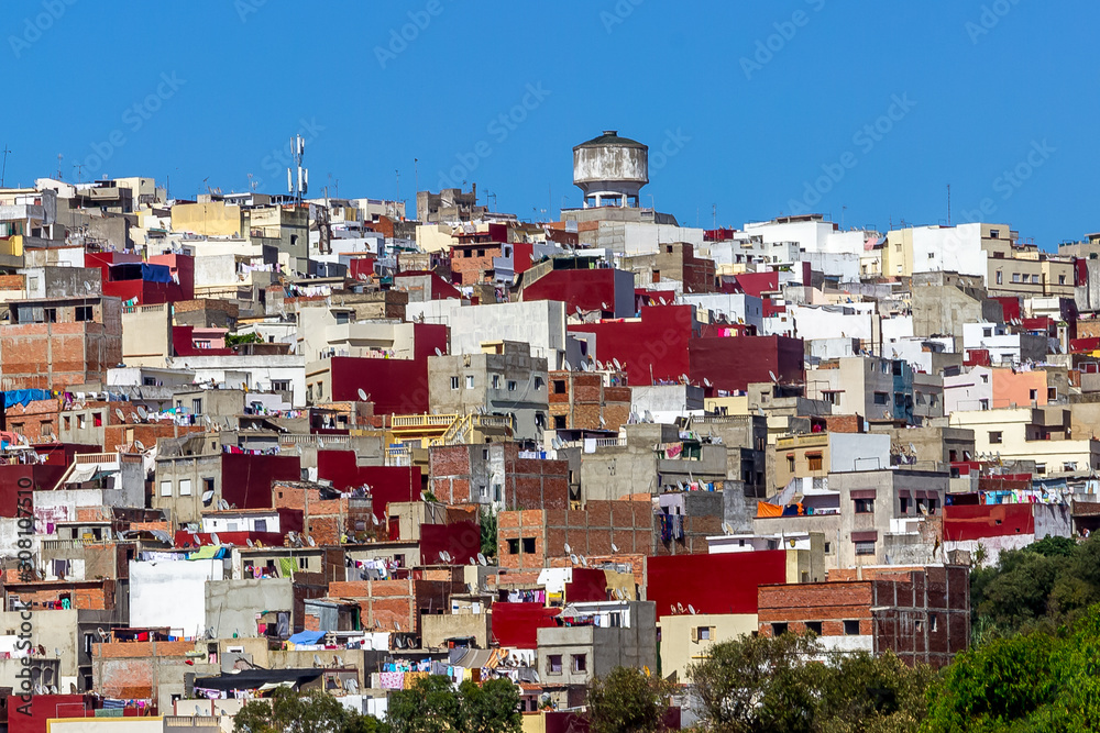 Tangier, Morrocco - Colorful View of Tangier Houses Rooftops Skyline Water Tower Antenna