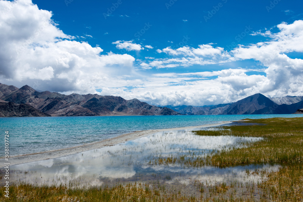 Ladakh, India -Aug 06 2019 - Pangong Lake view from Between Kakstet and Chushul in Ladakh, Jammu and Kashmir, India. The Lake is an endorheic lake in the Himalayas situated at a height of about 4350m.